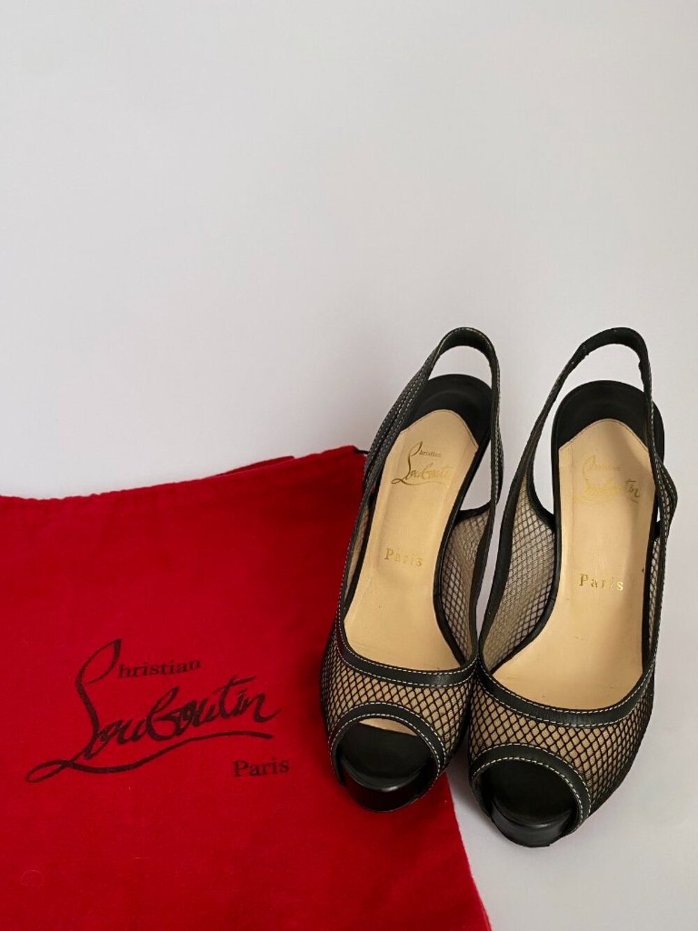 Christian Louboutin Black Mesh Peep-Toe Slingback Platform Heels | Size 38.5 - Picture 5 of 11